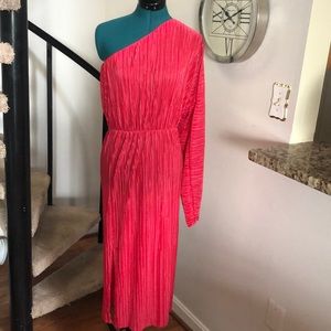 Red asos accordian pleat one shoulder midi dress